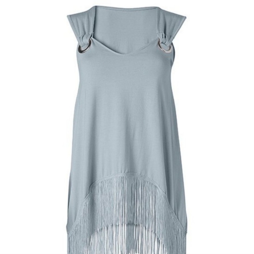 Venus Dusty Blue Fringe Detail Sleeveless Top Size L flapper style blouse fringe